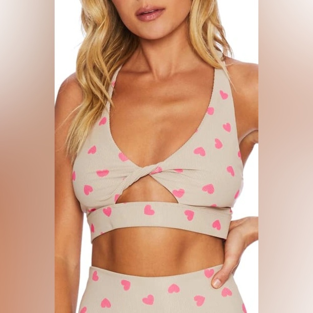 BEACH RIOT Taupe Heart Ribbed Sports Bra
